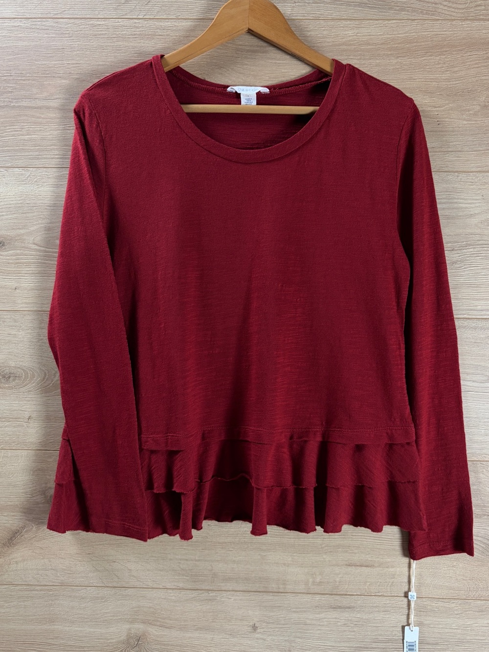 Caslon Ruffle-Hem Long Sleeve Top — Dark Red Small